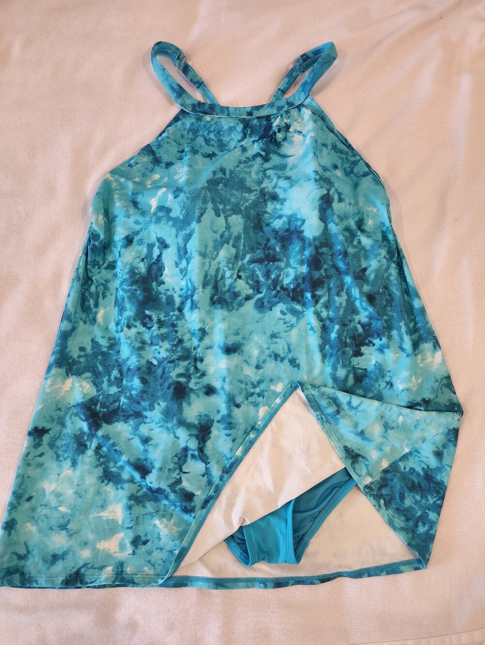 LANDS’ END 1pc Swim Dress Womens 16 Turquoise Marble Dye Adjustable
